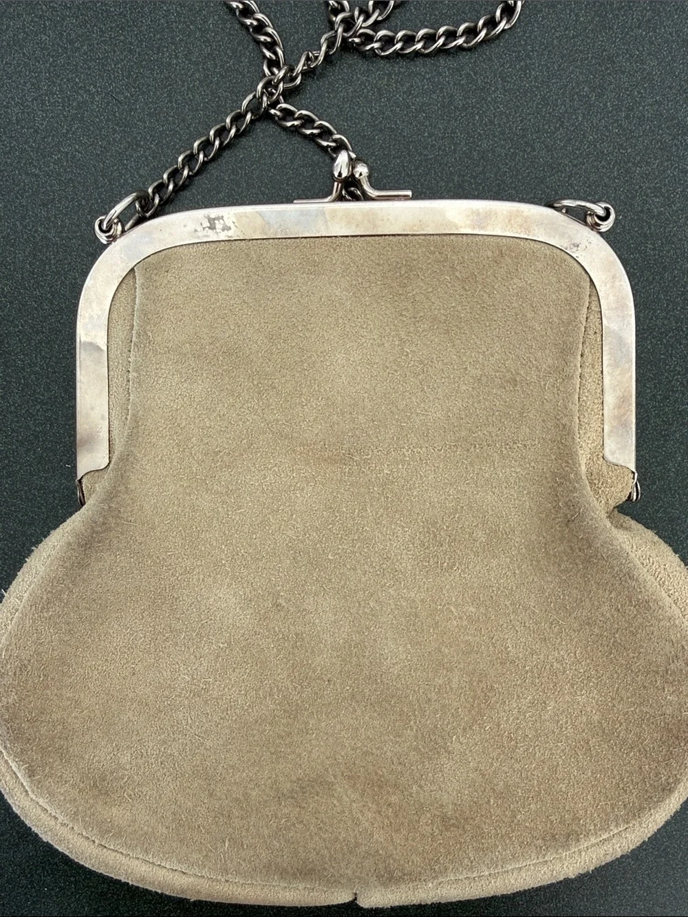 Vintage-Style Taupe beige Suede Evening Crossbody Bag with Silver Frame